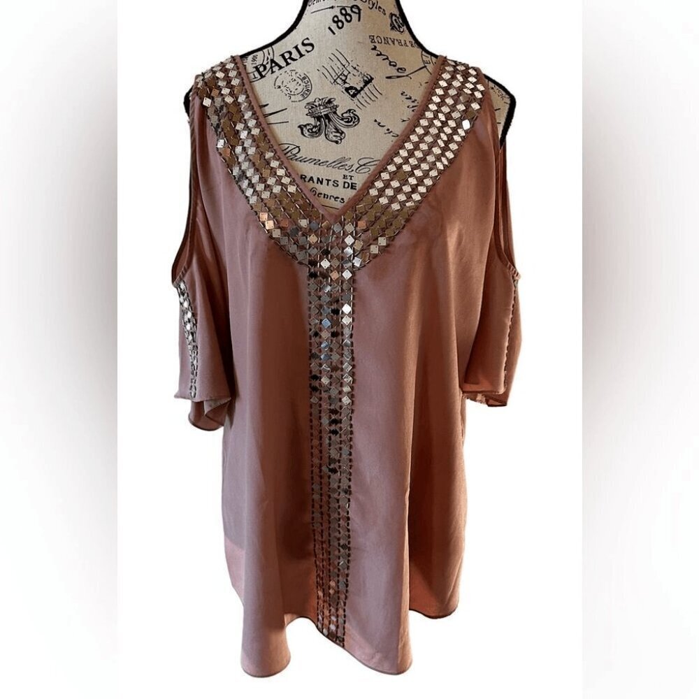 Moda International Embellished Cold Shoulder pink Top medium. Blingy